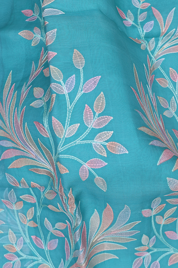 Organza Silk Saree In Turkish Blue With Leaf Design