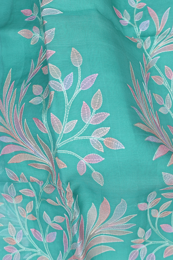 Organza Silk Saree In Turkish Blue With Leaf Design