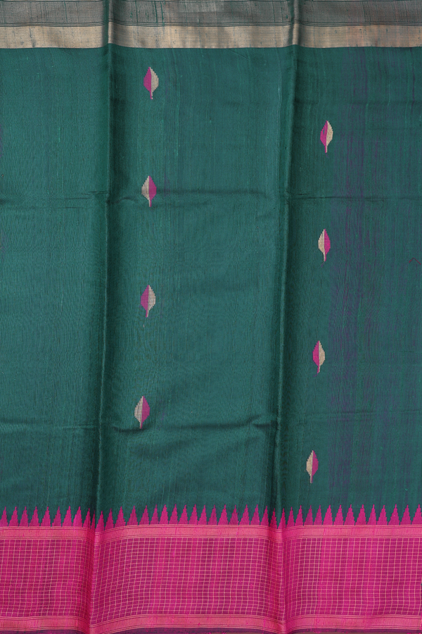 Jute Saree In Midnight Green With Leaf Buttas