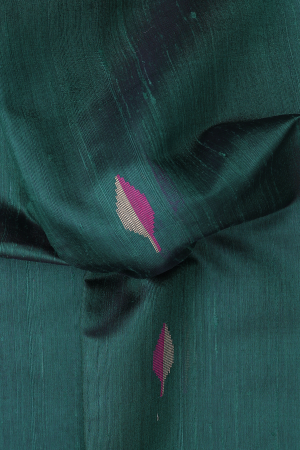 Jute Saree In Midnight Green With Leaf Buttas