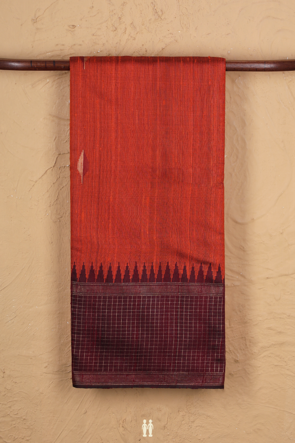 Jute Saree In Rust Orange With Leaf Buttas