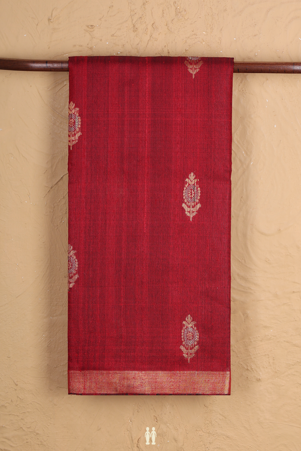 Jute Saree In Crimson Red With Floral Buttas