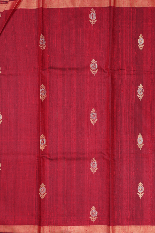 Jute Saree In Crimson Red With Floral Buttas