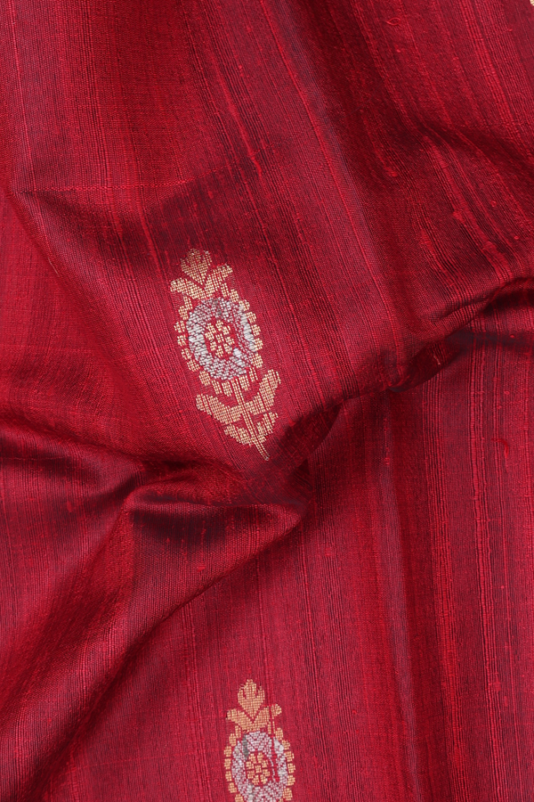 Jute Saree In Crimson Red With Floral Buttas