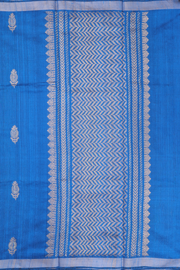 Jute Saree In Cerulean Blue With Floral Buttas