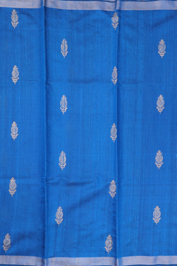 Jute Saree In Cerulean Blue With Floral Buttas