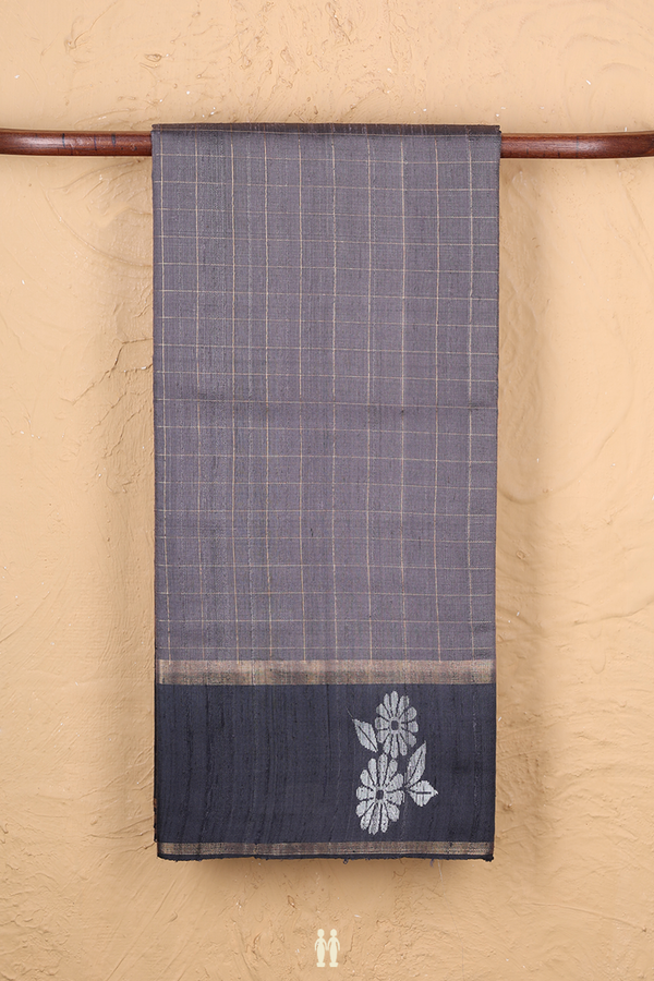 Jute Saree In Grey With Checks Design