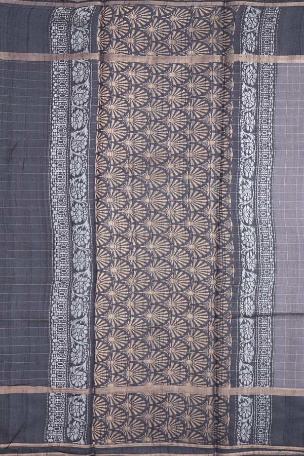 Jute Saree In Grey With Checks Design