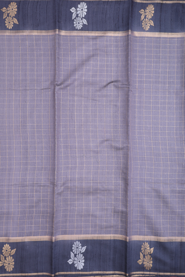 Jute Saree In Grey With Checks Design