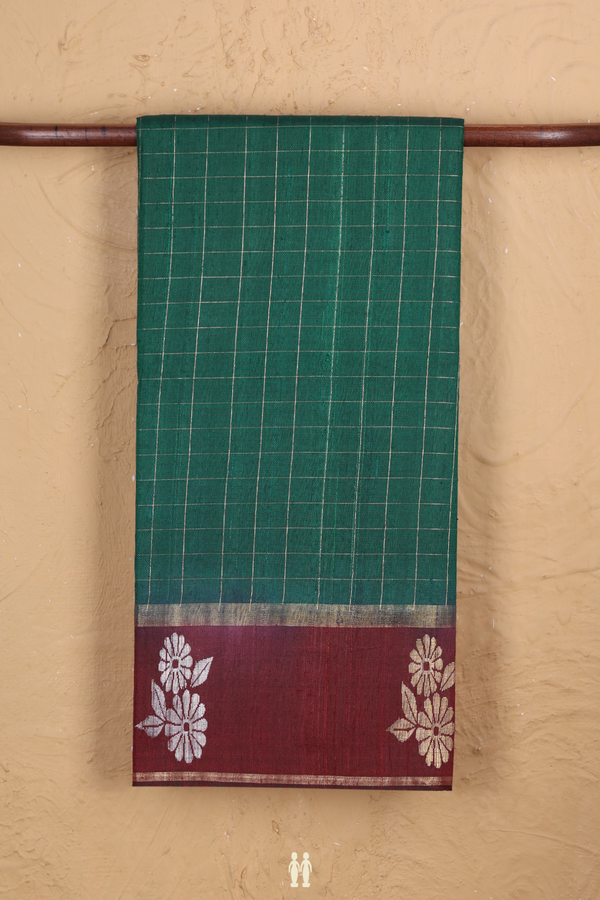Jute Saree In Forest Green With Checks Design