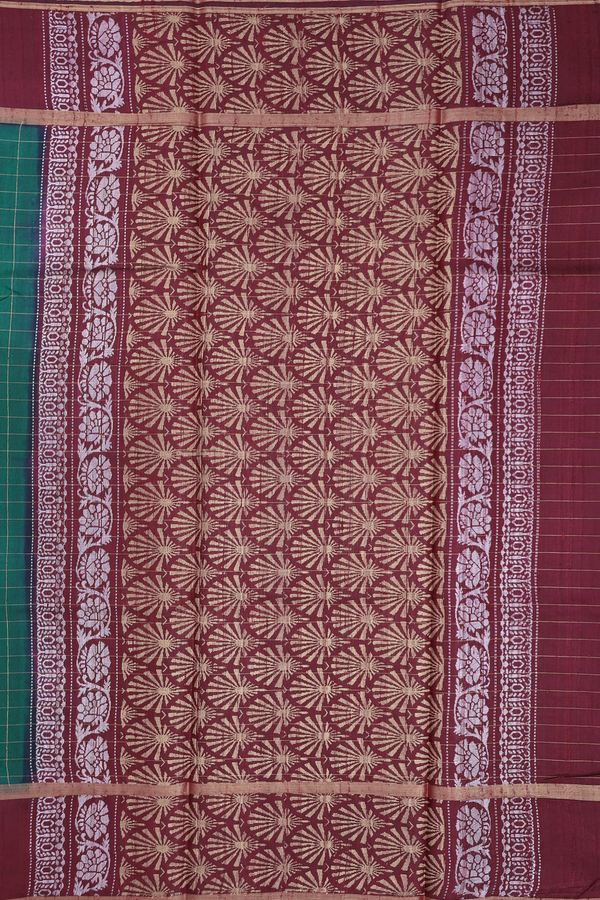 Jute Saree In Forest Green With Checks Design