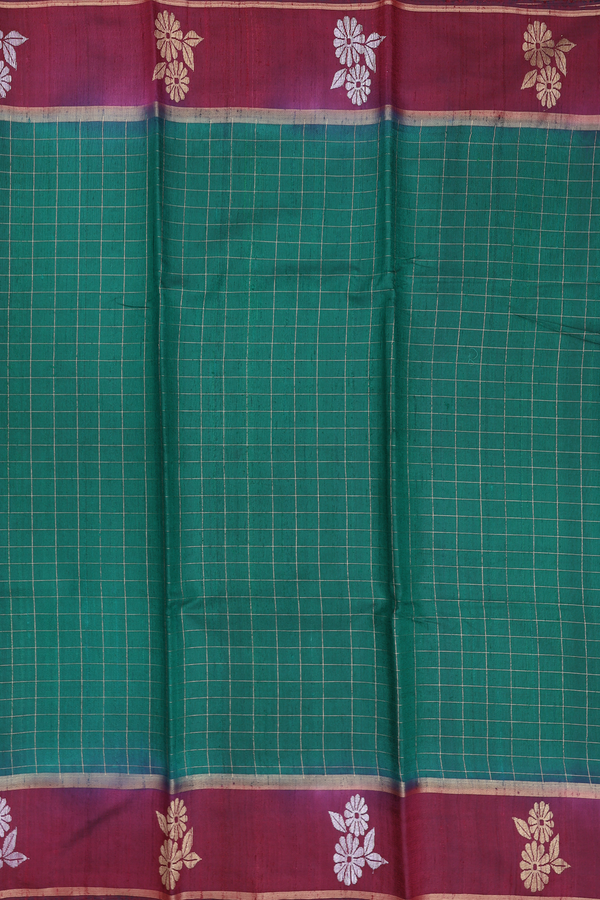 Jute Saree In Forest Green With Checks Design
