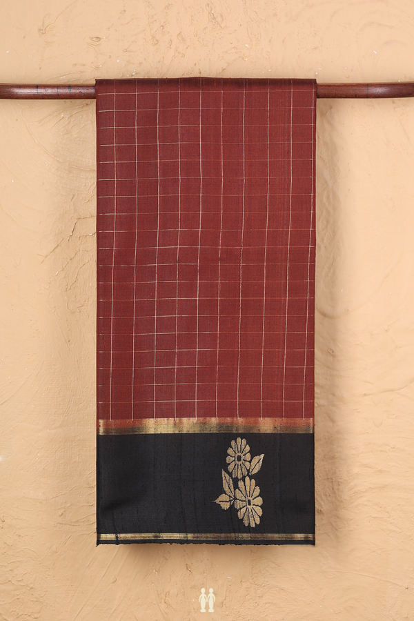 Jute Saree In Brown With Checks Design
