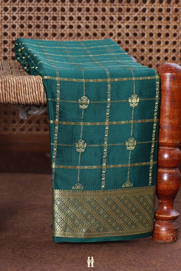 Mysore Silk Saree In Forest Green With Checks Design