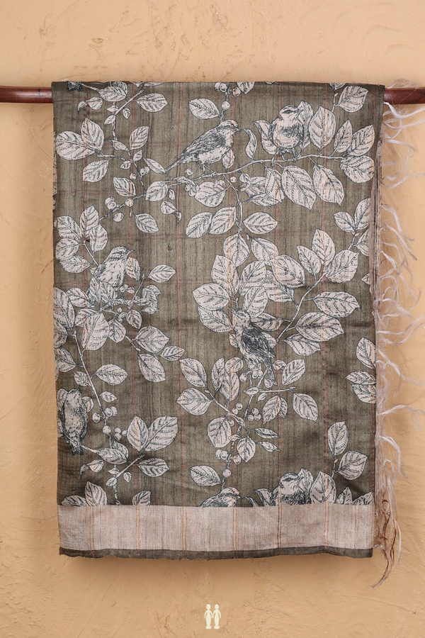 Tussar Silk Saree In Olive Green With Leaf Printed Design