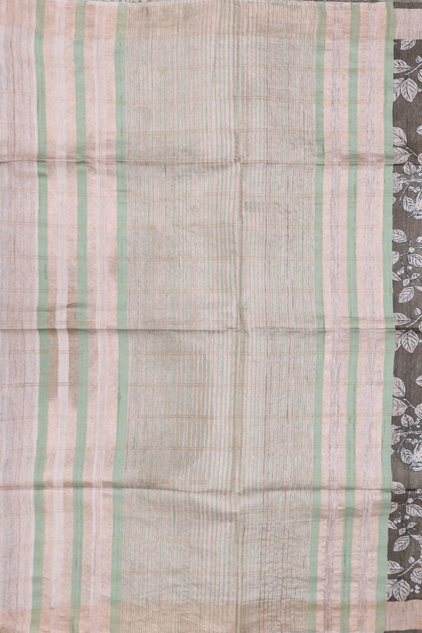 Tussar Silk Saree In Olive Green With Leaf Printed Design