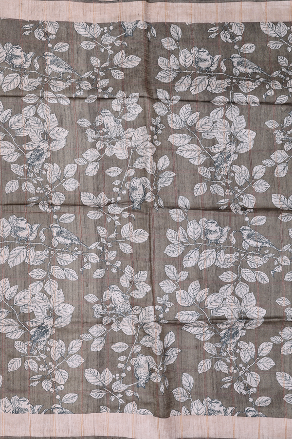 Tussar Silk Saree In Olive Green With Leaf Printed Design