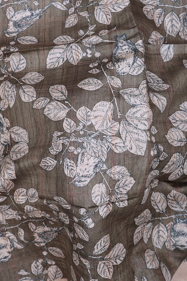 Tussar Silk Saree In Olive Green With Leaf Printed Design