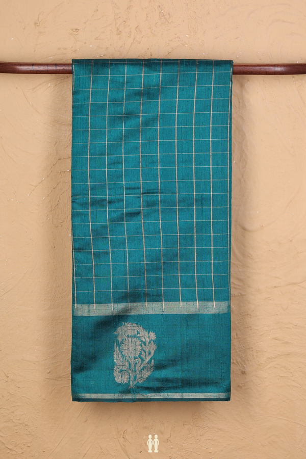 Jute Saree In Teal Green With Checks Design