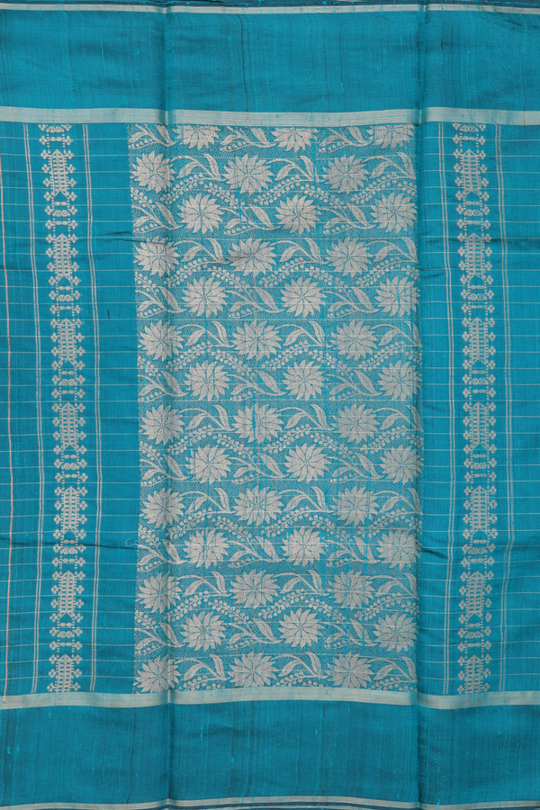 Jute Saree In Teal Green With Checks Design