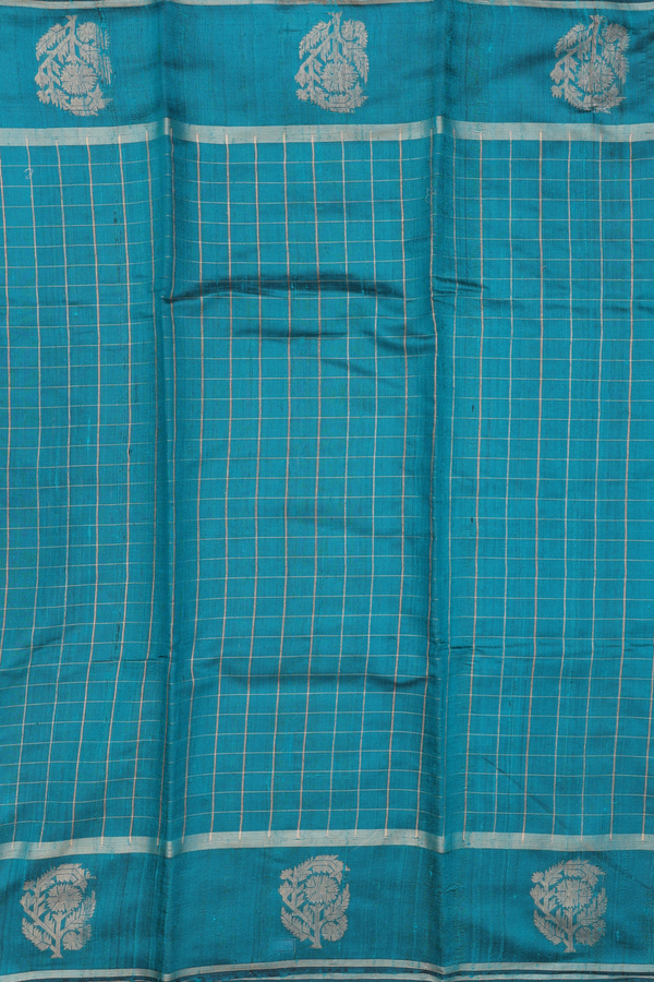 Jute Saree In Teal Green With Checks Design