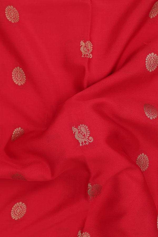 Mysore Silk Saree Chilli Red With Peacock And Chakram Buttas