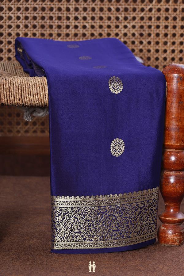 Mysore Silk Saree Navy Blue With Peacock And Chakram Buttas