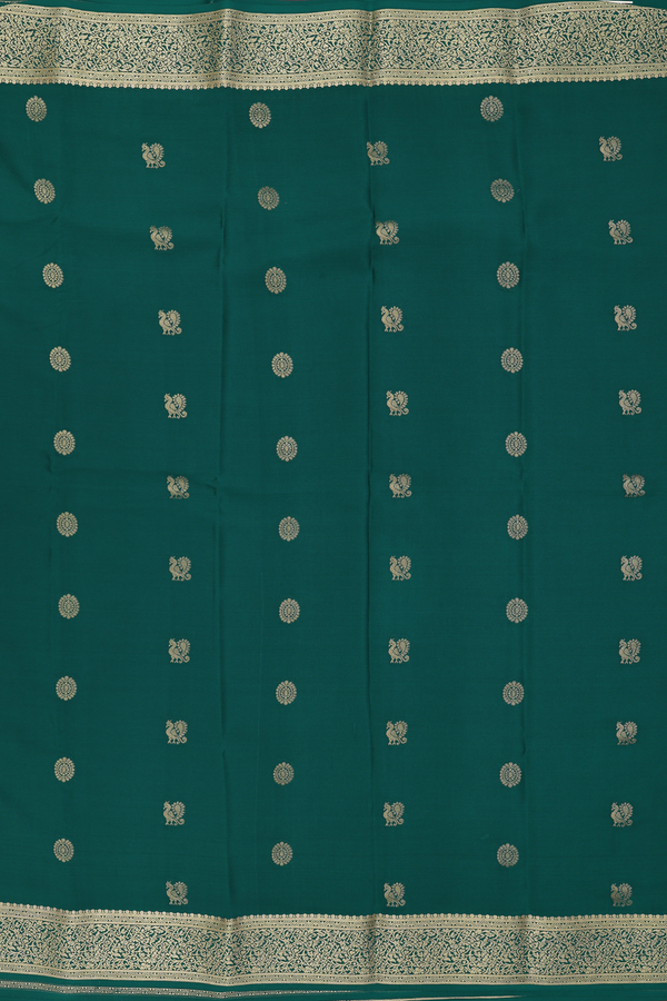 Mysore Silk Saree Forest Green With Peacock Chakram Buttas