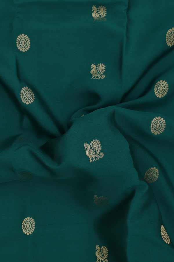 Mysore Silk Saree Forest Green With Peacock Chakram Buttas
