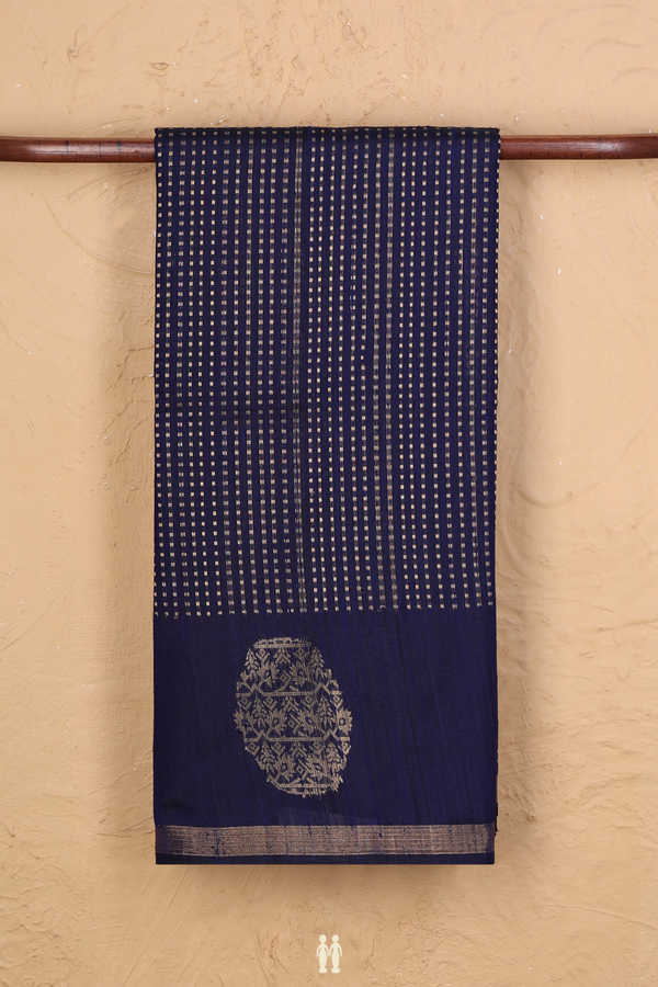 Jute Saree In Navy Blue With Stripes Design