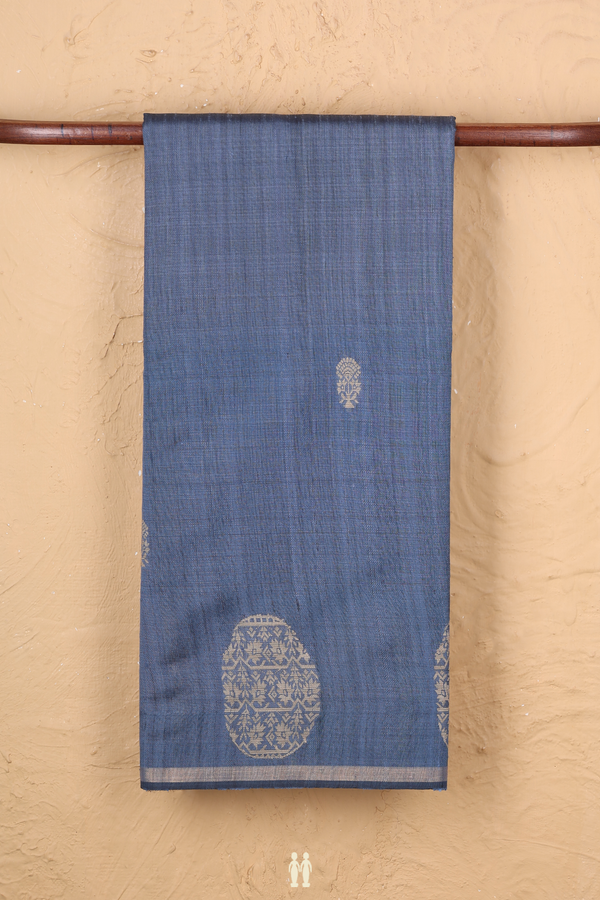 Jute Saree In Aegean Blue With Floral Buttas