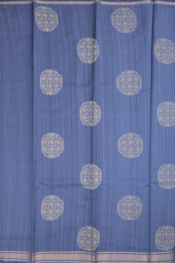 Jute Saree In Aegean Blue With Floral Buttas