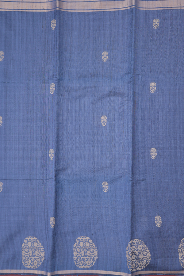 Jute Saree In Aegean Blue With Floral Buttas