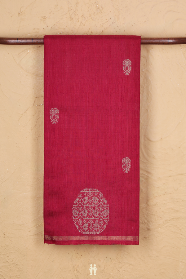 Jute Saree In Hibiscus Red With Floral Buttas