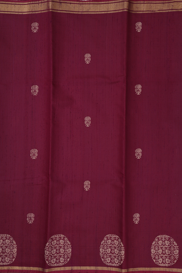 Jute Saree In Burgundy Red With Floral Buttas