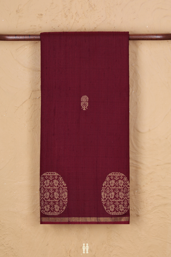 Jute Saree In Burgundy Red With Floral Buttas