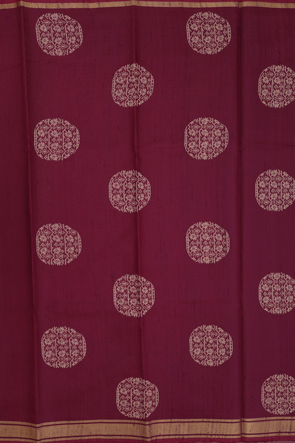 Jute Saree In Burgundy Red With Floral Buttas