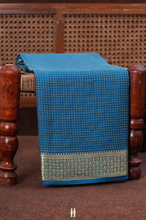 Mysore Silk Saree In Teal Blue With Checks Design