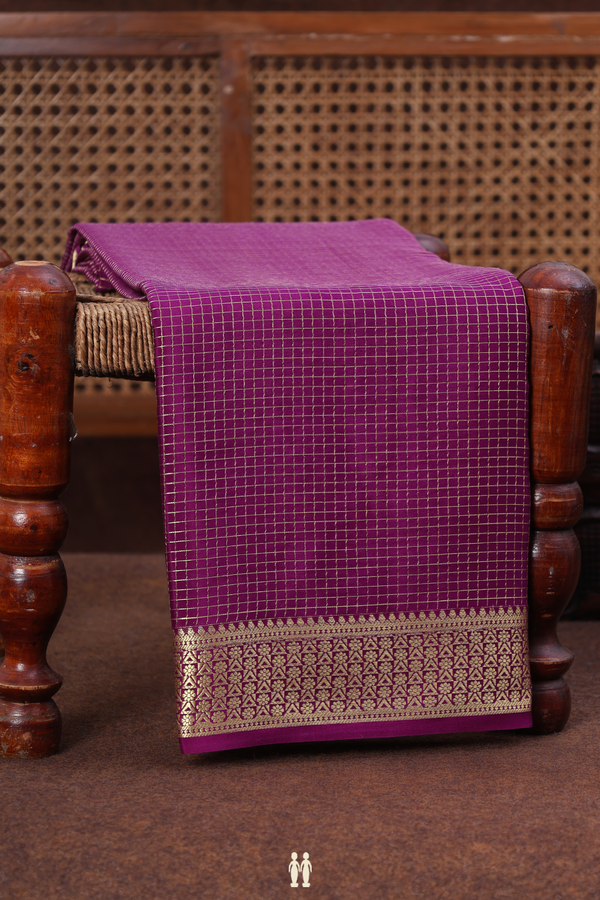 Mysore Silk Saree In Deep Purple With Checks Design