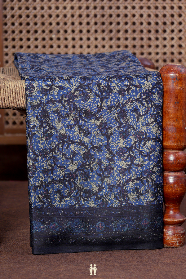 Printed Silk Saree In Blue With Allover Design
