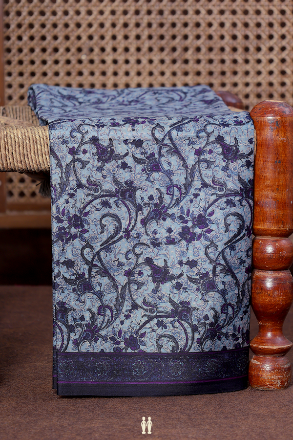 Printed Silk Saree In Blue With Floral Design