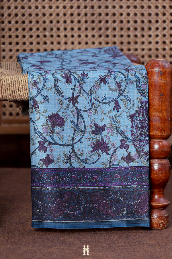 Printed Silk Saree In Blue With Floral Design