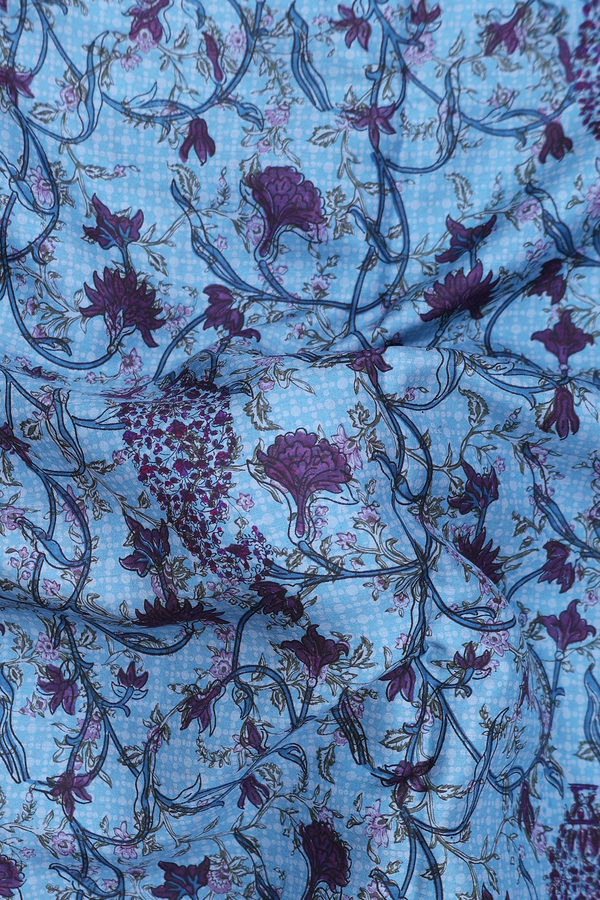 Printed Silk Saree In Blue With Floral Design