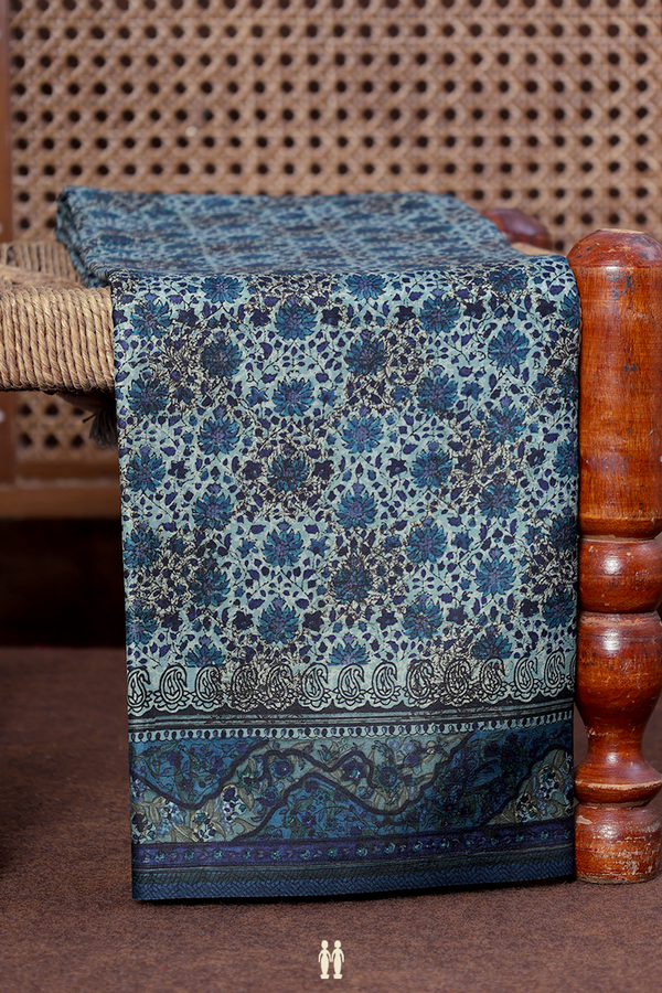 Printed Silk Saree In Blue With Floral Design