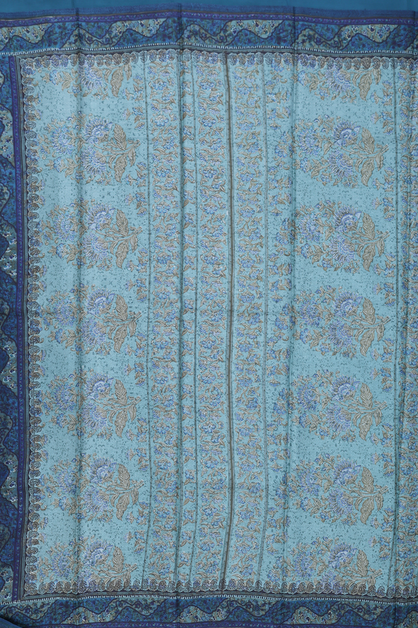 Printed Silk Saree In Blue With Floral Design