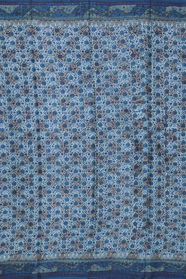 Printed Silk Saree In Blue With Floral Design