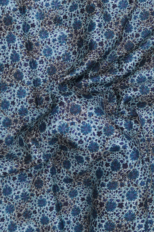 Printed Silk Saree In Blue With Floral Design