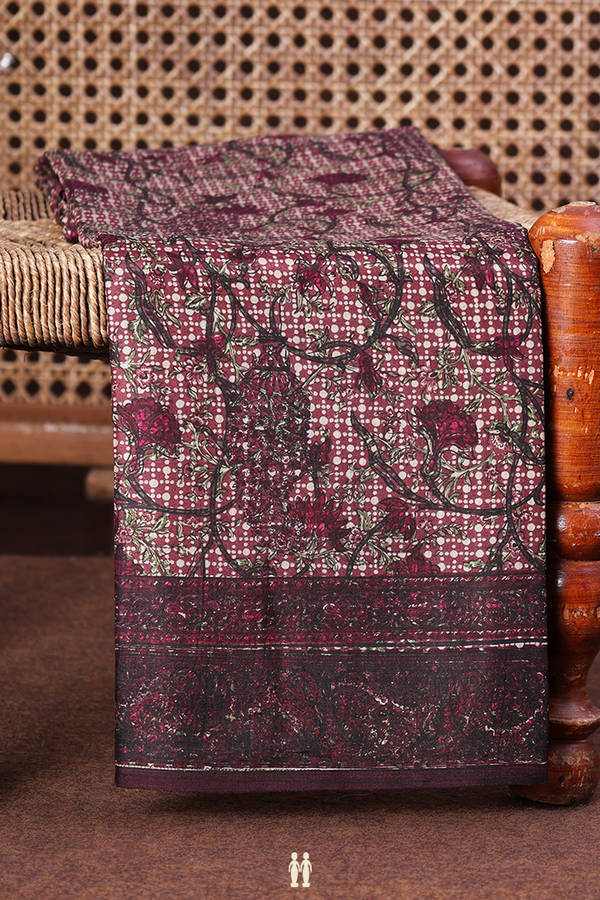 Printed Silk Saree In Brown With Floral Design