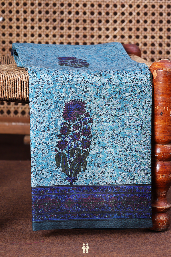Printed Silk Saree In Blue With Floral Motifs