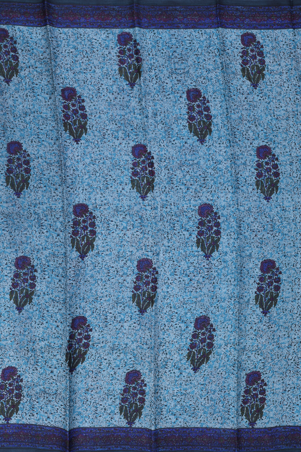 Printed Silk Saree In Blue With Floral Motifs